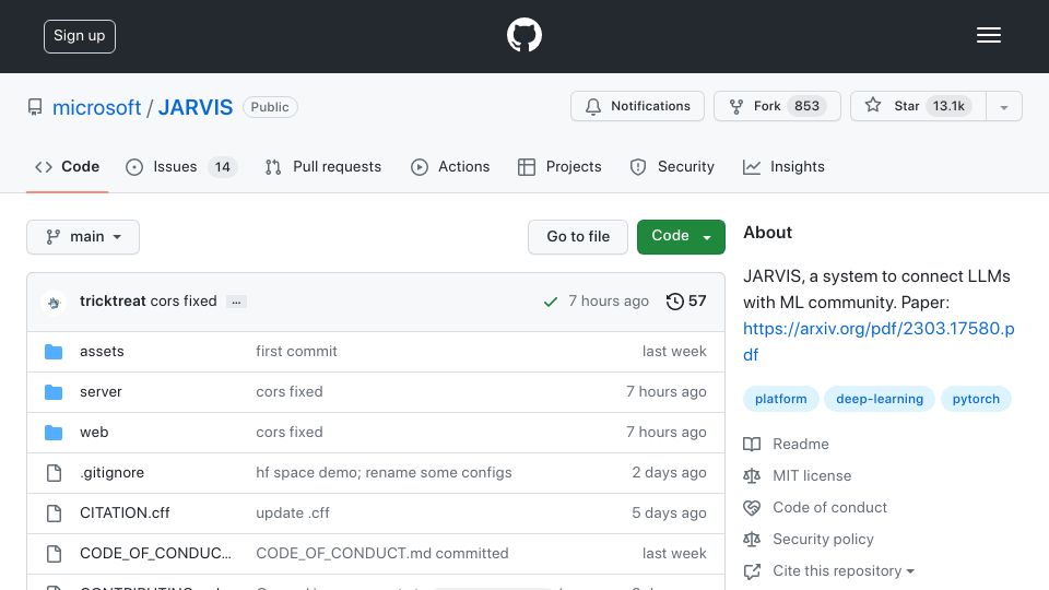 Screenshot of github.com: Microsoft / JARVIS: a system to connect LLMs with ML community