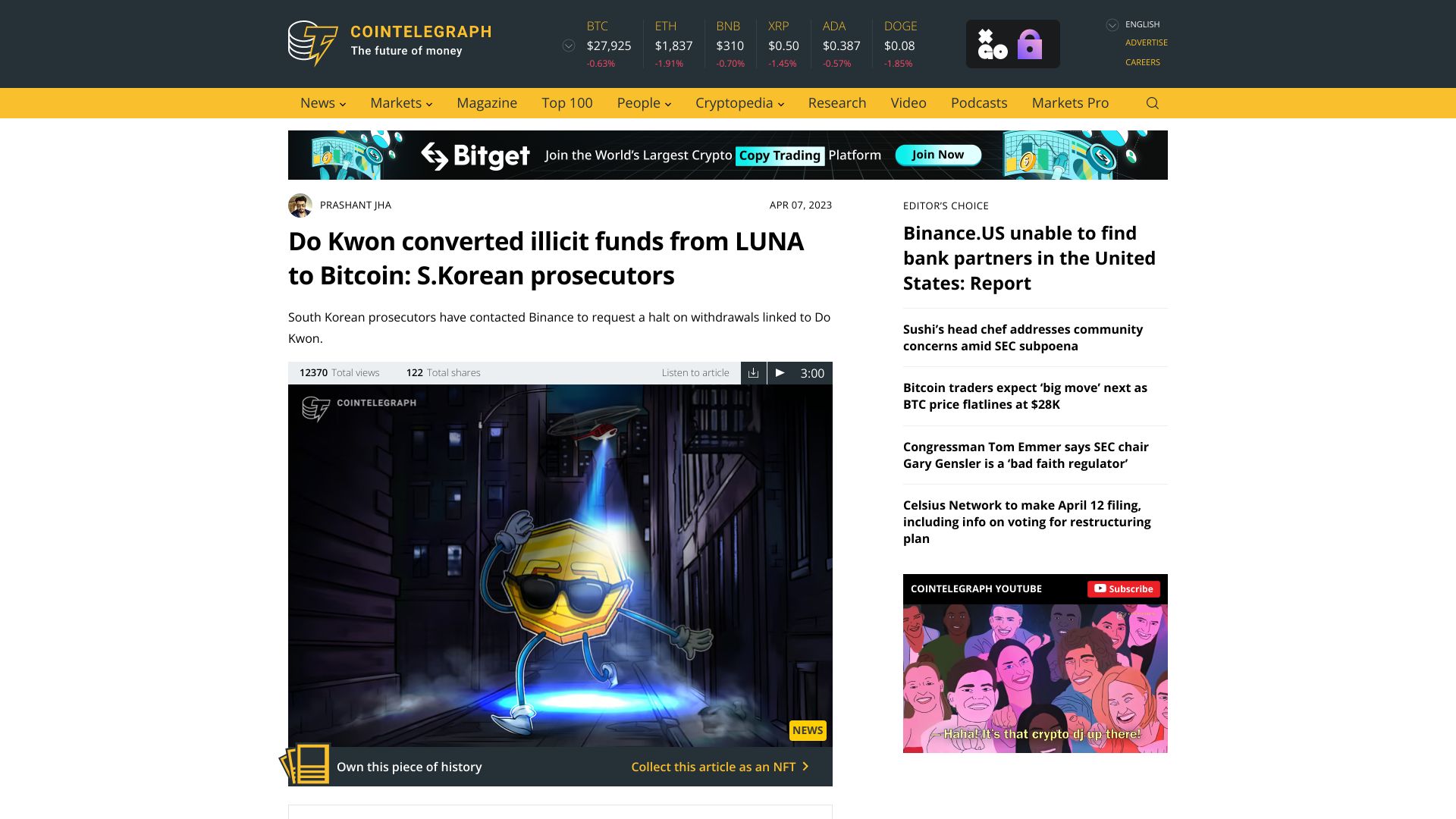 Screenshot of cointelegraph.com: Do Kwon converted illicit funds from LUNA to Bitcoin