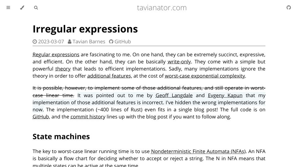 Screenshot of tavianator.com: Irregular Expressions