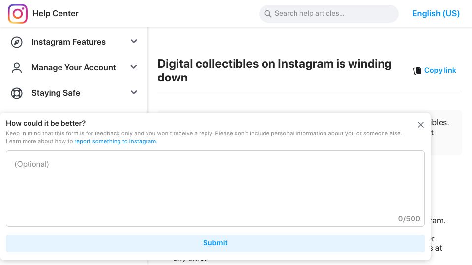 Screenshot of help.instagram.com: Digital collectibles on Instagram is winding down