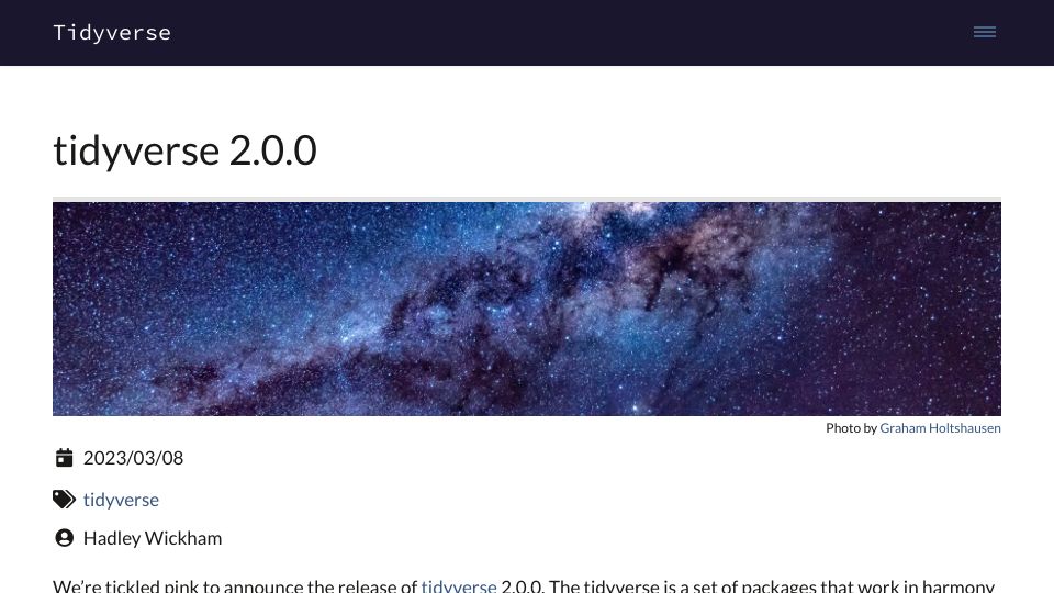 Screenshot of tidyverse.org: Tidyverse 2.0.0