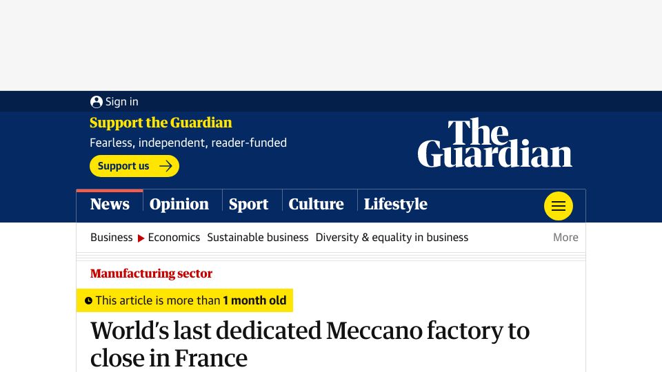 Screenshot of theguardian.com: World’s last dedicated Meccano factory to close in France