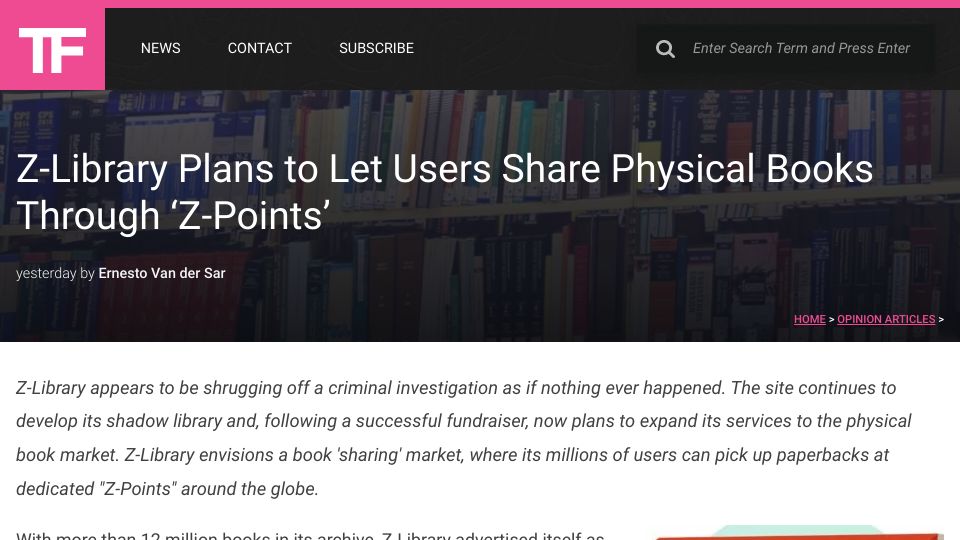 Screenshot of torrentfreak.com: Z-Library to let users share physical books