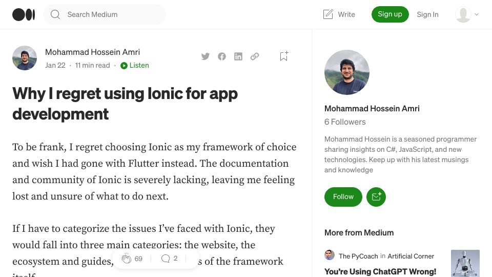 Screenshot of mhamri.com: I regret using Ionic for app development