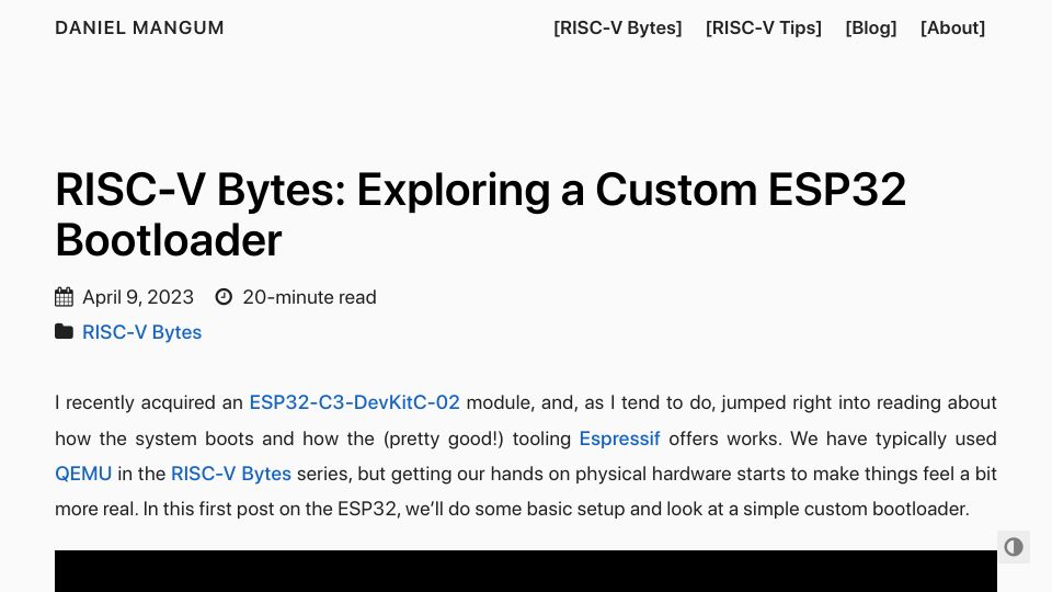 Screenshot of danielmangum.com: RISC-V Bytes: Exploring a Custom ESP32 Bootloader