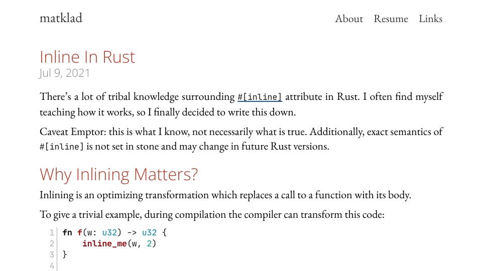 Screenshot of matklad.github.io: Inline in Rust (2021)