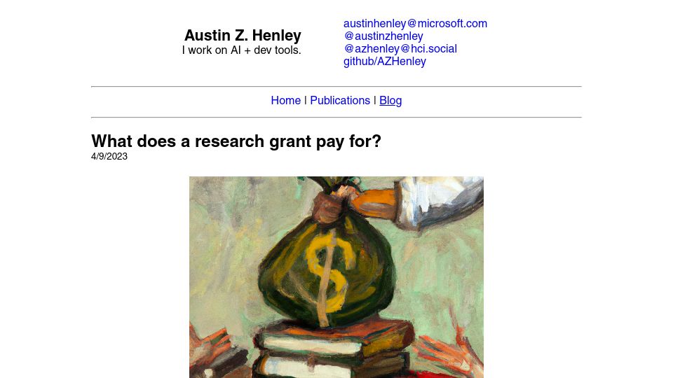 Screenshot of austinhenley.com: What does a research grant pay for?