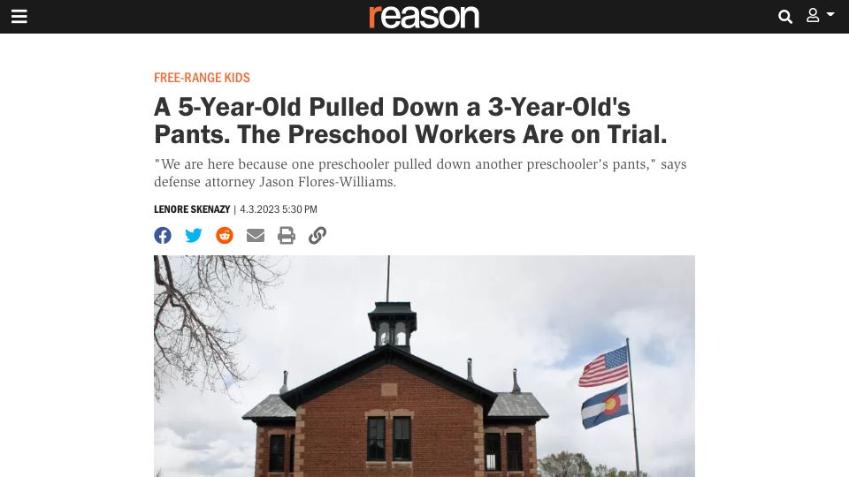 Screenshot of reason.com: 5-Year-Old Pulled Down a 3-Year-Old's Pants. The Preschool Workers Are on Trial