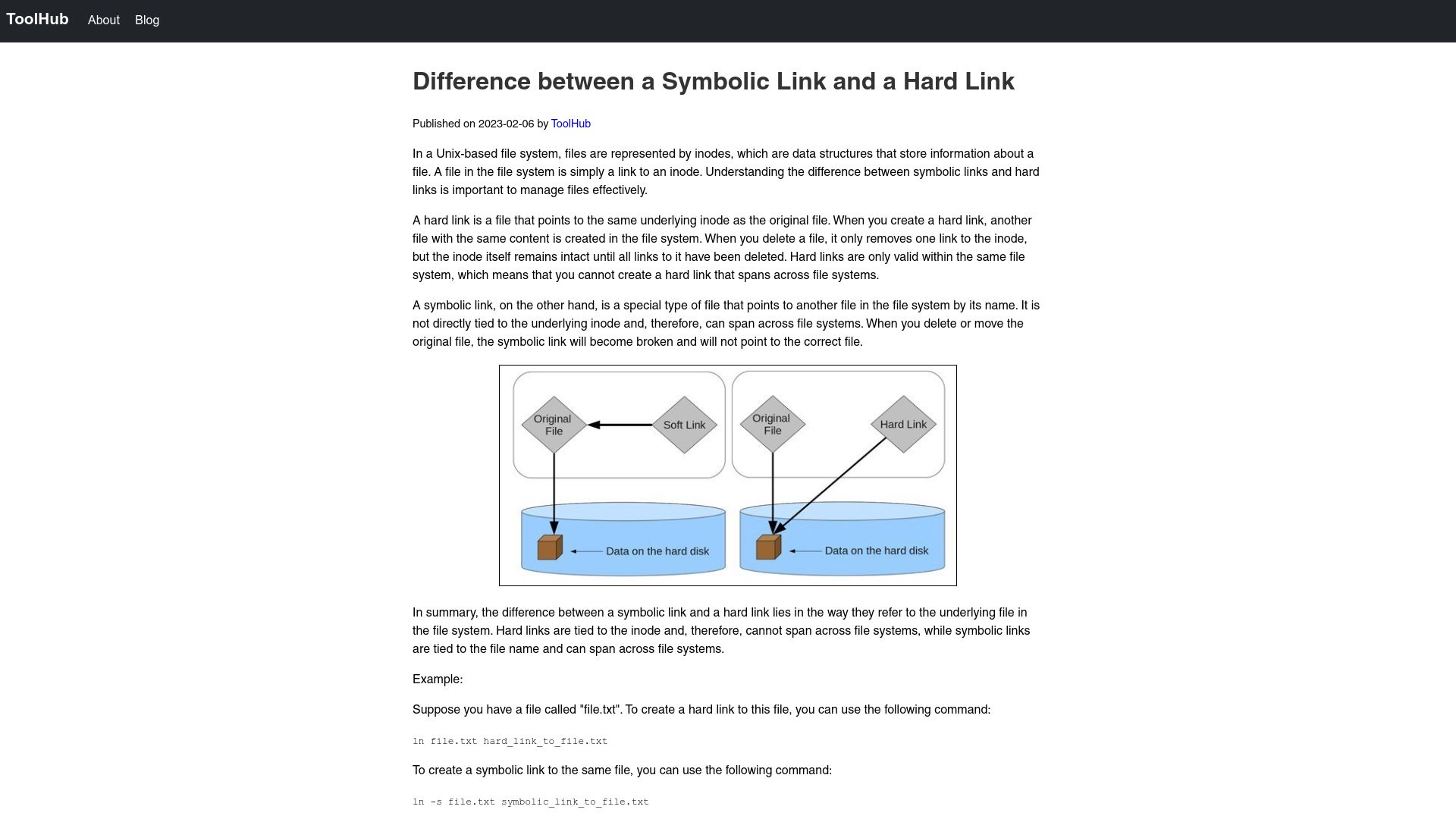 Screenshot of toolhub.tech: Difference Between a Symbolic Link and a Hard Link