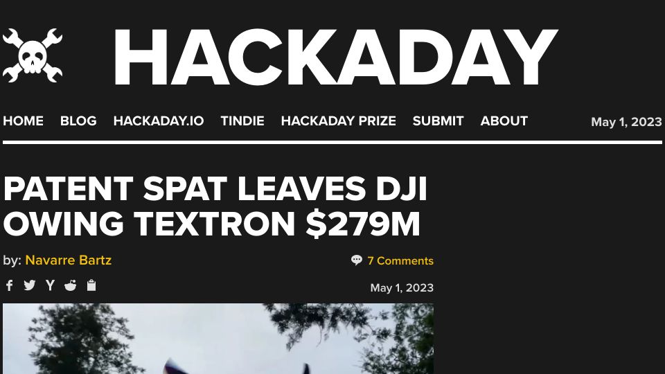 Screenshot of hackaday.com: Patent Spat Leaves DJI Owing Textron $279M