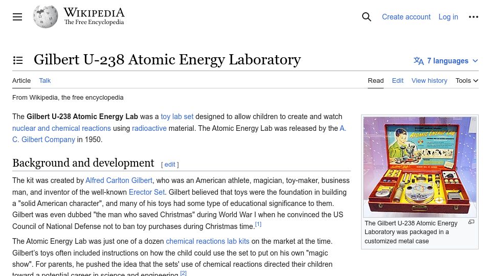 Screenshot of en.wikipedia.org: Gilbert U-238 Atomic Energy Laboratory