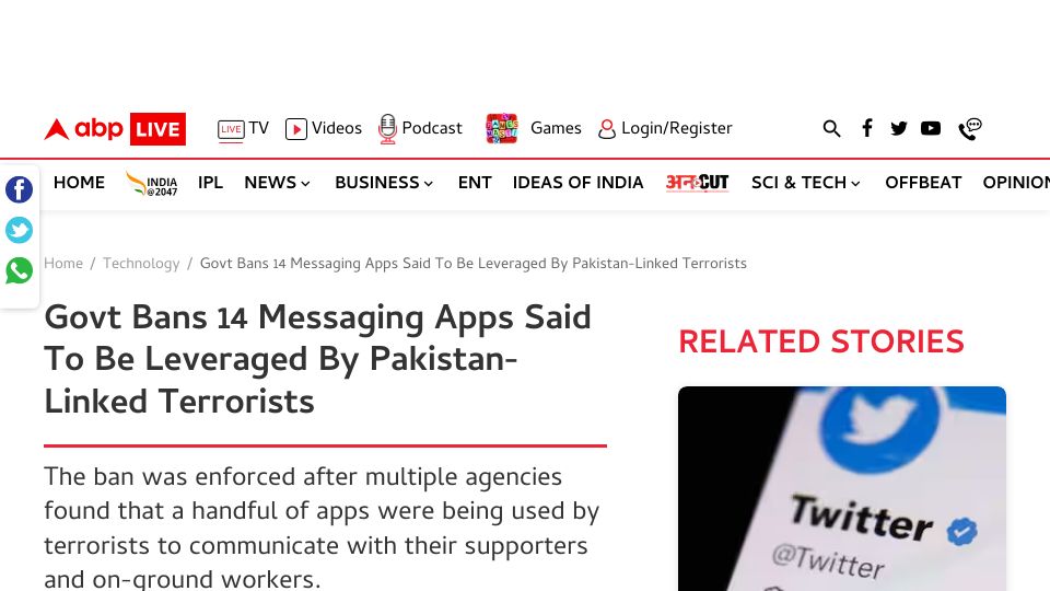 Screenshot of news.abplive.com: Indian government bans 14 messenger apps including Element, Briar and Threema
