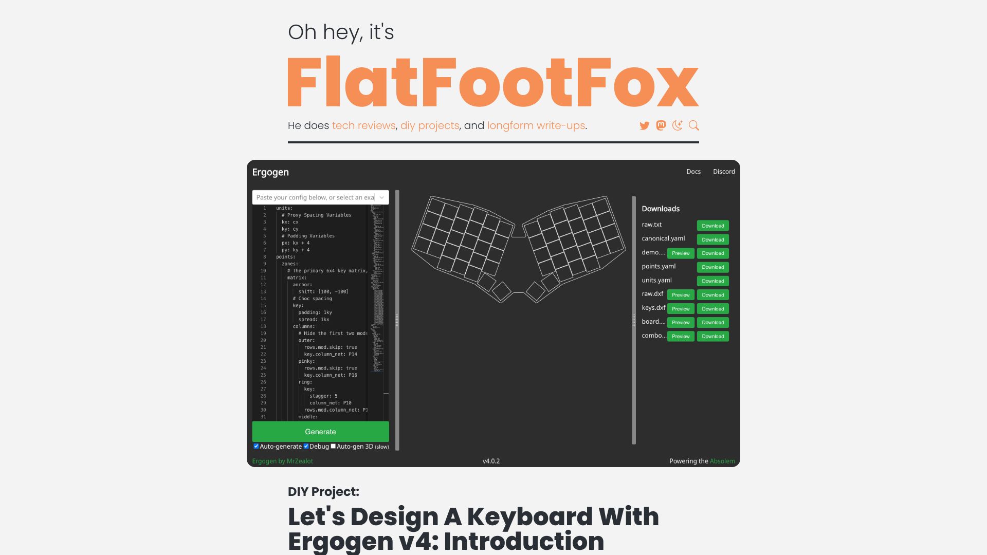 Screenshot of flatfootfox.com: Design a keyboard with Ergogen v4