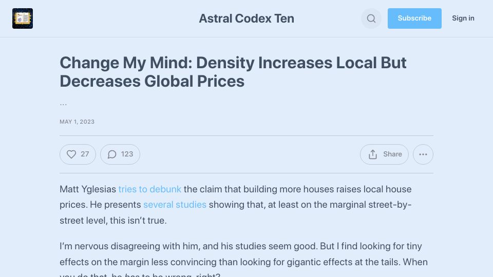 Screenshot of astralcodexten.substack.com: Change my mind: Density increases local but decreases global prices