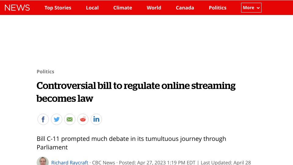 Screenshot of cbc.ca: Controversial bill to regulate online streaming becomes law in Canada