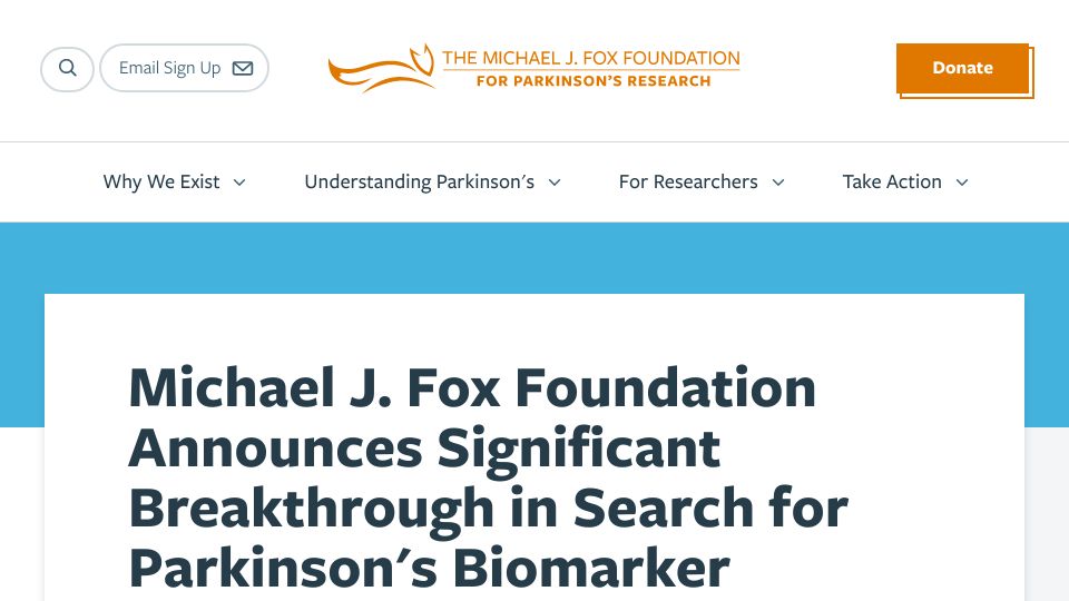 Screenshot of michaeljfox.org: Significant breakthrough in search for Parkinson's biomarker