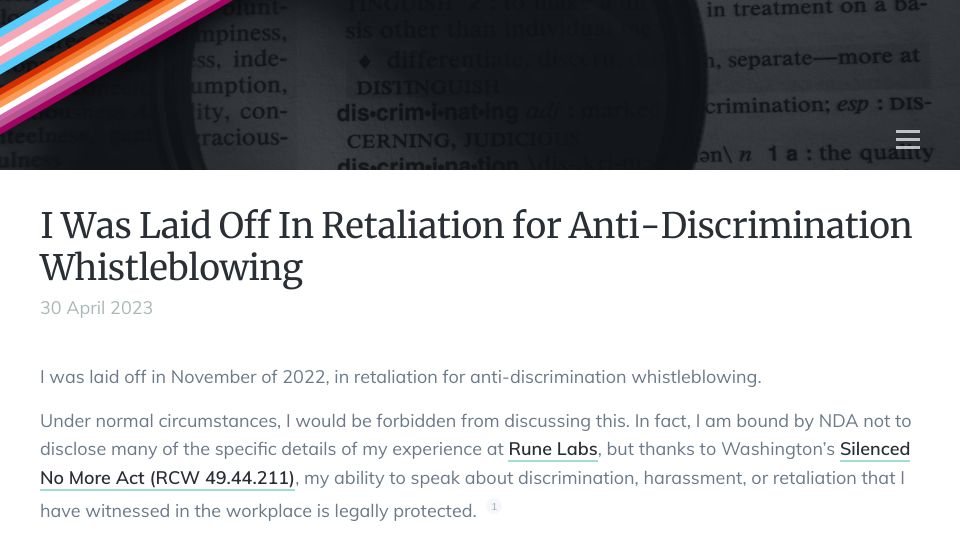 Screenshot of evhaste.com: I was laid off in retaliation for anti-discrimination whistleblowing