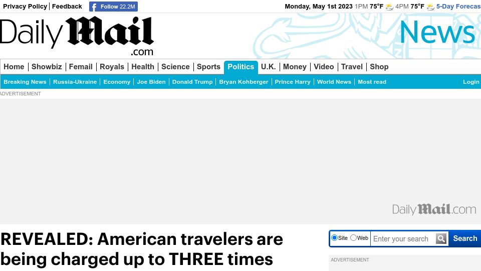Screenshot of dailymail.co.uk: American travelers are being charged up to 3 times more for vacations