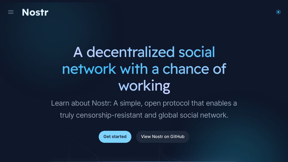 Screenshot of nostr.com: Nostr – Decentralized social network