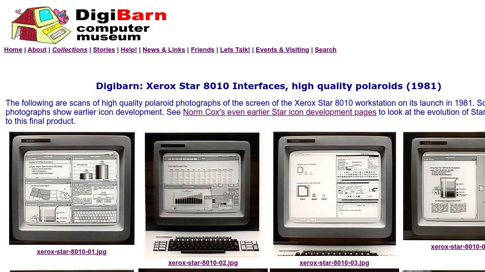 Screenshot of digibarn.com: Xerox Star 8010 Interfaces, high quality polaroids (1981-)
