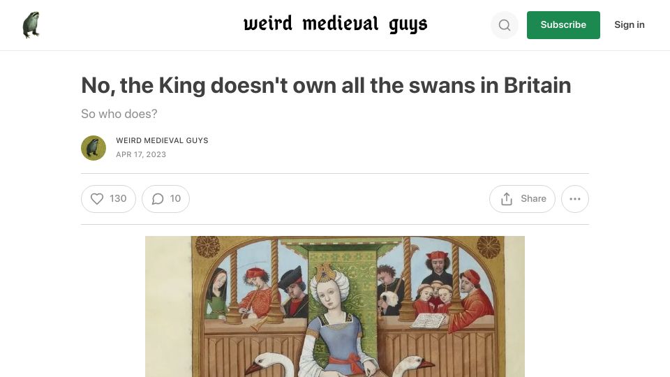 Screenshot of weirdmedievalguys.substack.com: The King doesn't own all the swans in Britain