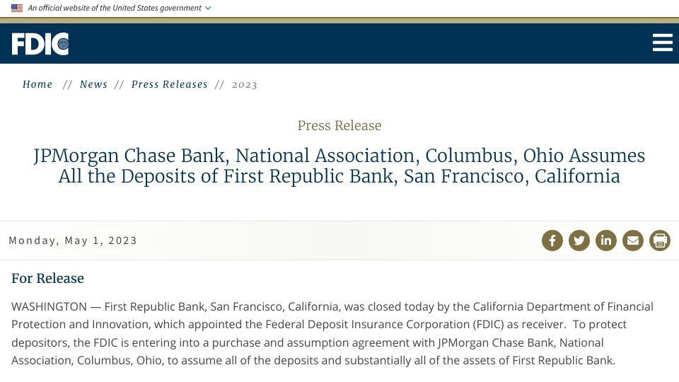 Screenshot of fdic.gov: JPMorgan Chase Bank Assumes All the Deposits of First Republic Bank