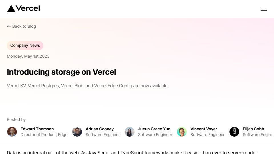 Screenshot of vercel.com: Storage on Vercel