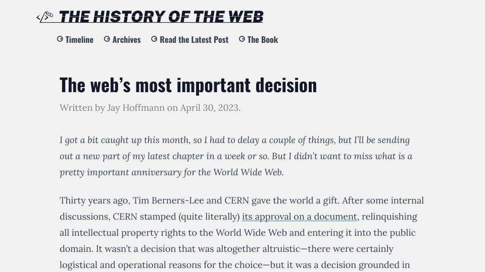 Screenshot of thehistoryoftheweb.com: The web’s most important decision