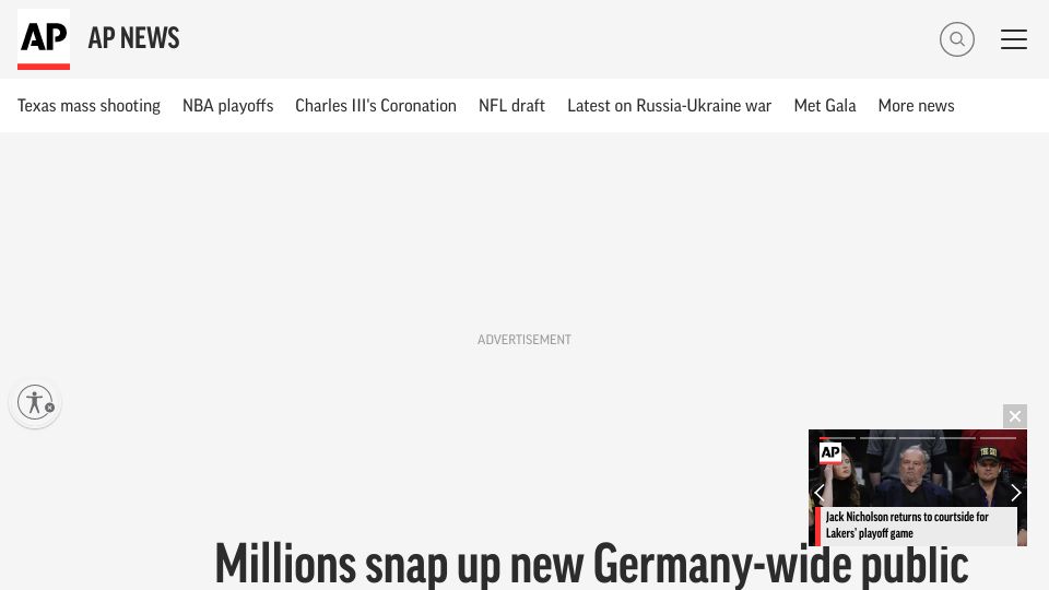 Screenshot of apnews.com: Millions snap up new Germany-wide public transit ticket