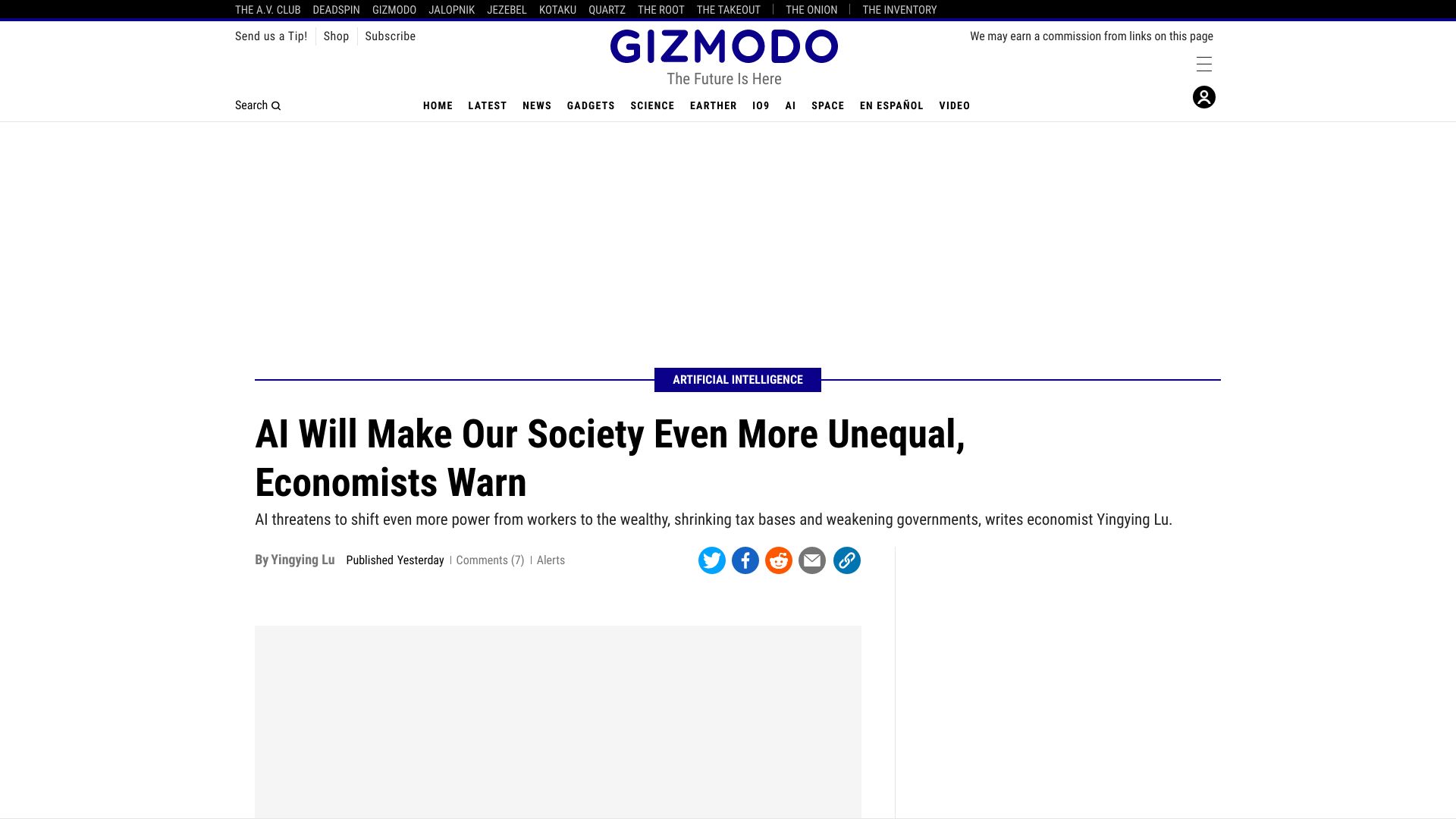 Screenshot of gizmodo.com: AI Will Make Our Society Even More Unequal, Economists Warn