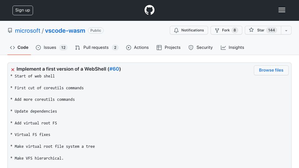 Screenshot of github.com: VSCode-WASM: Implement a first version of a WebShell