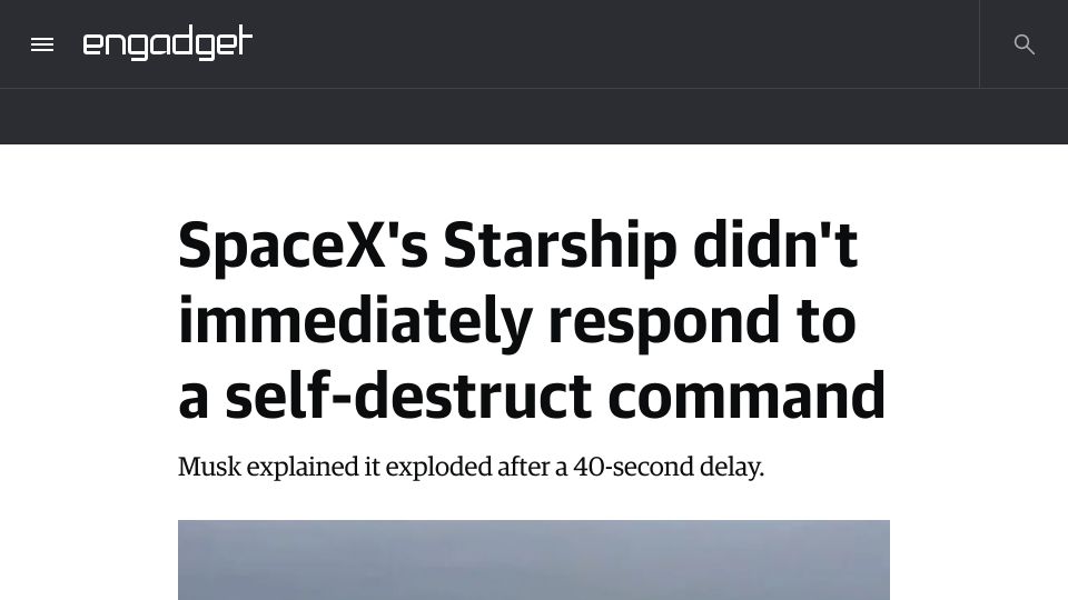 Screenshot of engadget.com: SpaceX's Starship didn't immediately respond to a self-destruct command