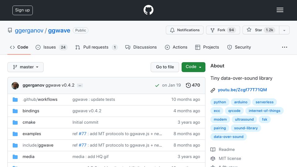 Screenshot of github.com: Ggwave: Message people over sound