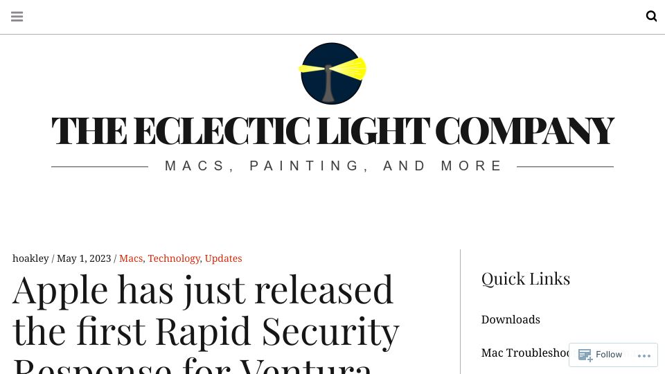 Screenshot of eclecticlight.co: Apple has just released the first Rapid Security Response for Ventura