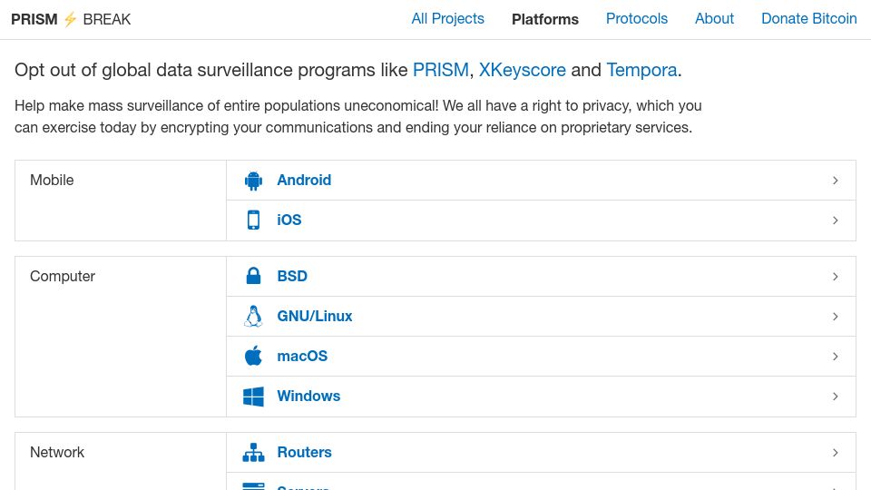 Screenshot of prism-break.org: Help make mass surveillance of entire populations uneconomical