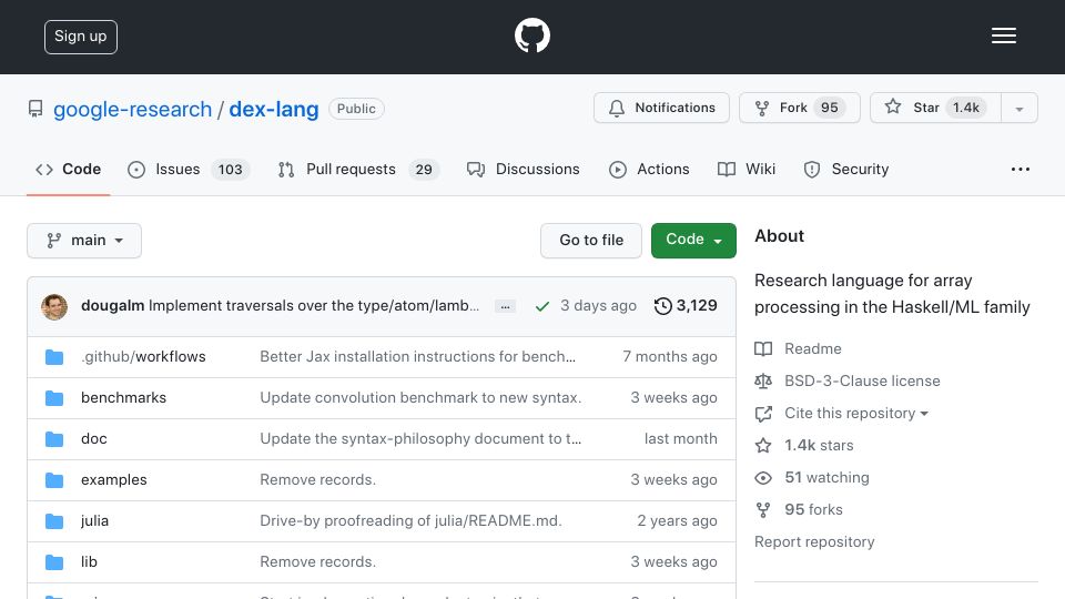Screenshot of github.com: Dex Lang: Research language for array processing in the Haskell/ML family