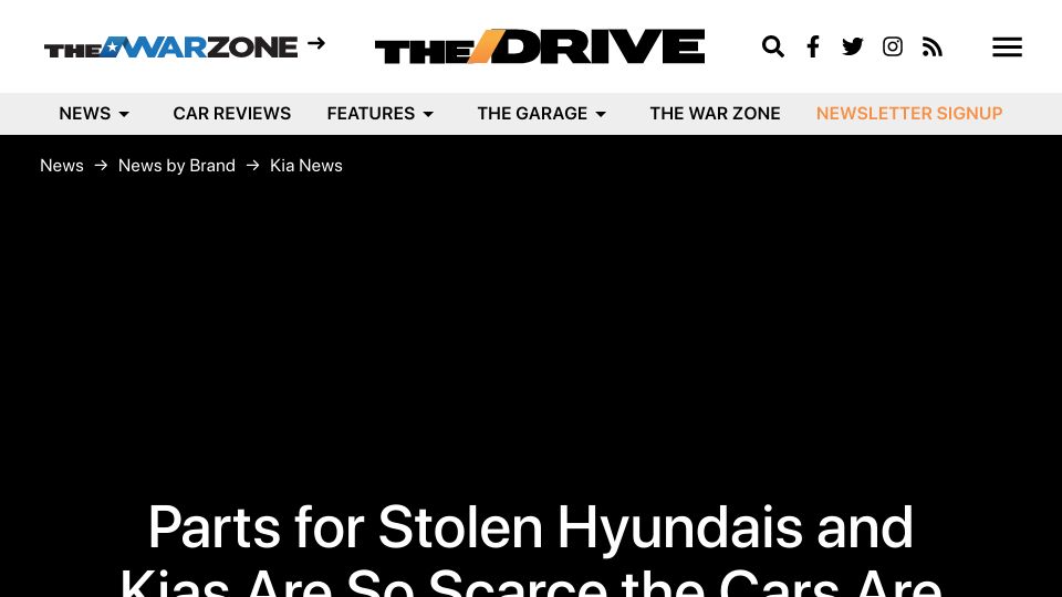 Screenshot of thedrive.com: Parts for stolen Hyundais and Kias are so scarce the cars are being totaled
