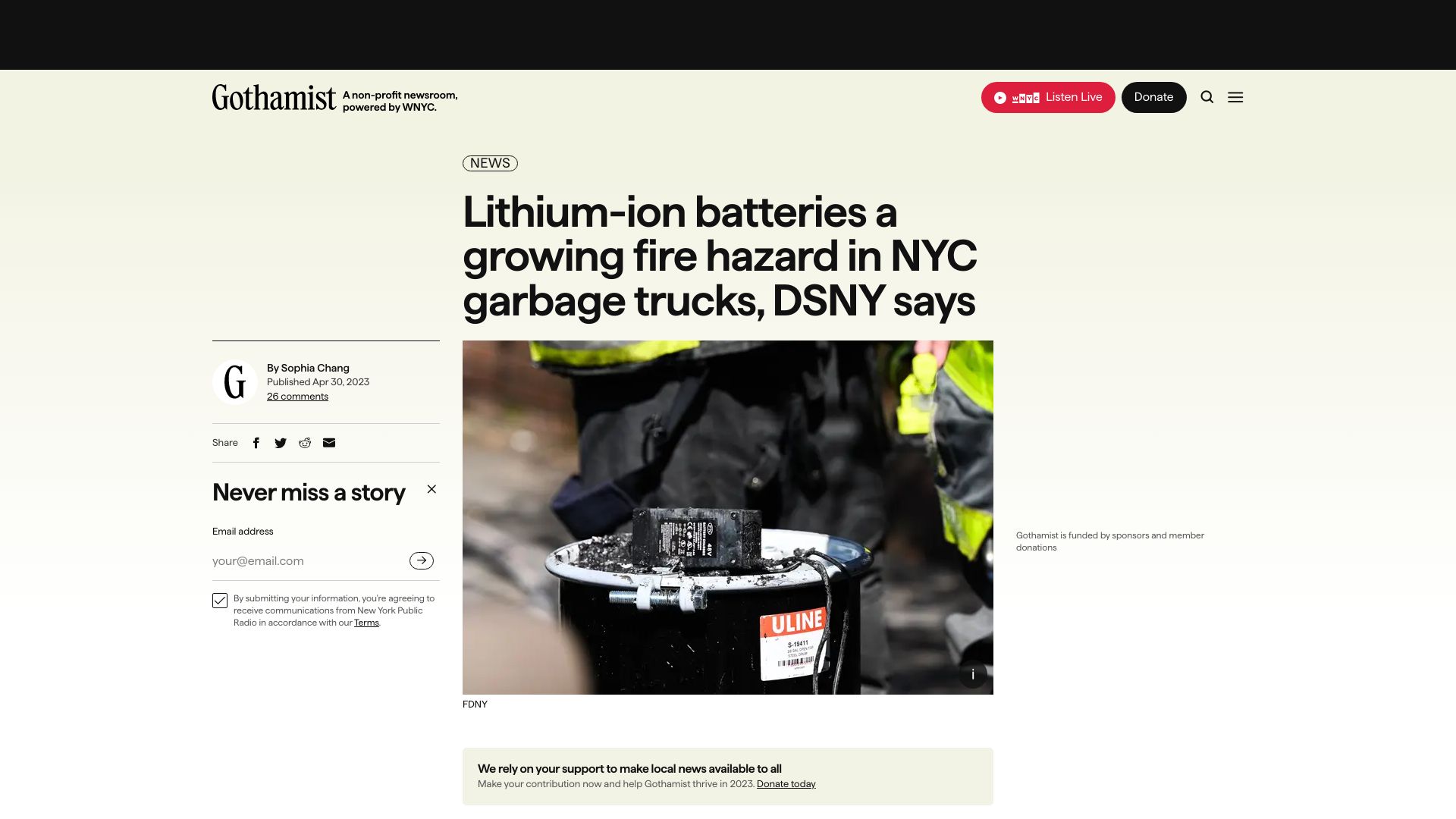 Screenshot of gothamist.com: Lithium-ion batteries a growing fire hazard in NYC garbage trucks