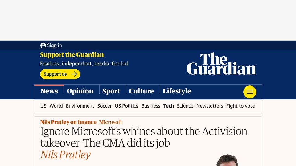 Screenshot of theguardian.com: Ignore Microsoft’s whines about the Activision takeover. The CMA did its job