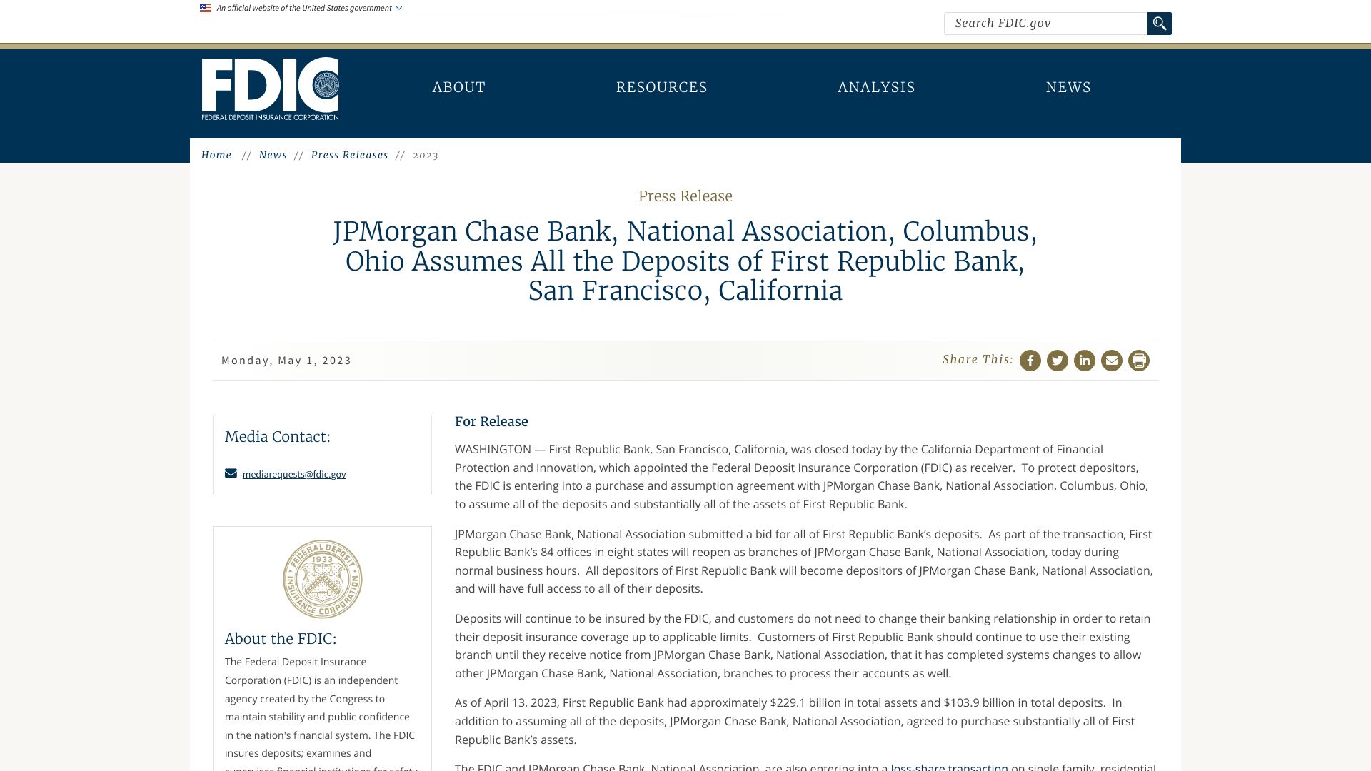 Screenshot of fdic.gov: JPMorgan Chase Bank Assumes All the Deposits of First Republic Bank