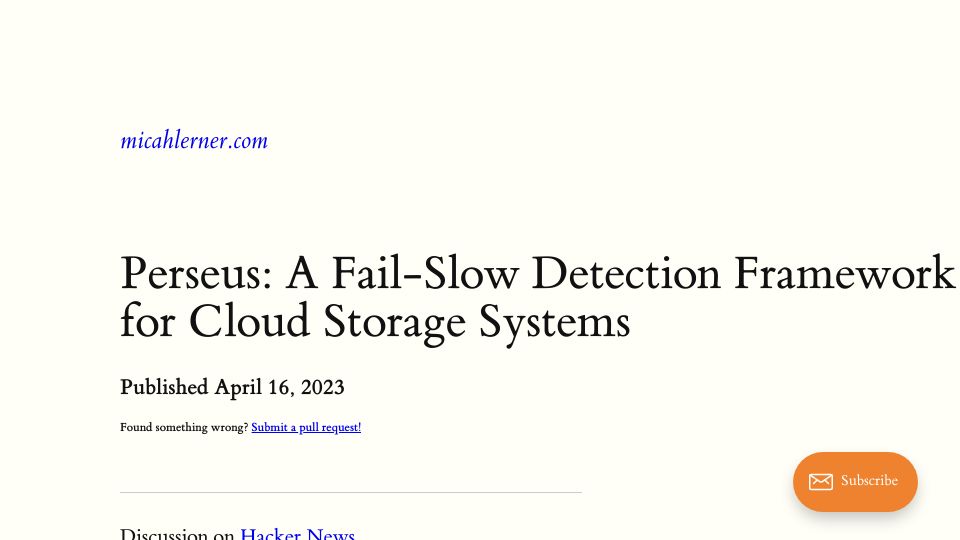 Screenshot of micahlerner.com: Perseus: A Fail-Slow Detection Framework for Cloud Storage Systems
