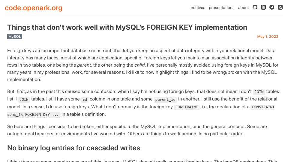 Screenshot of code.openark.org: Things that don’t work well with MySQL’s FOREIGN KEY implementation