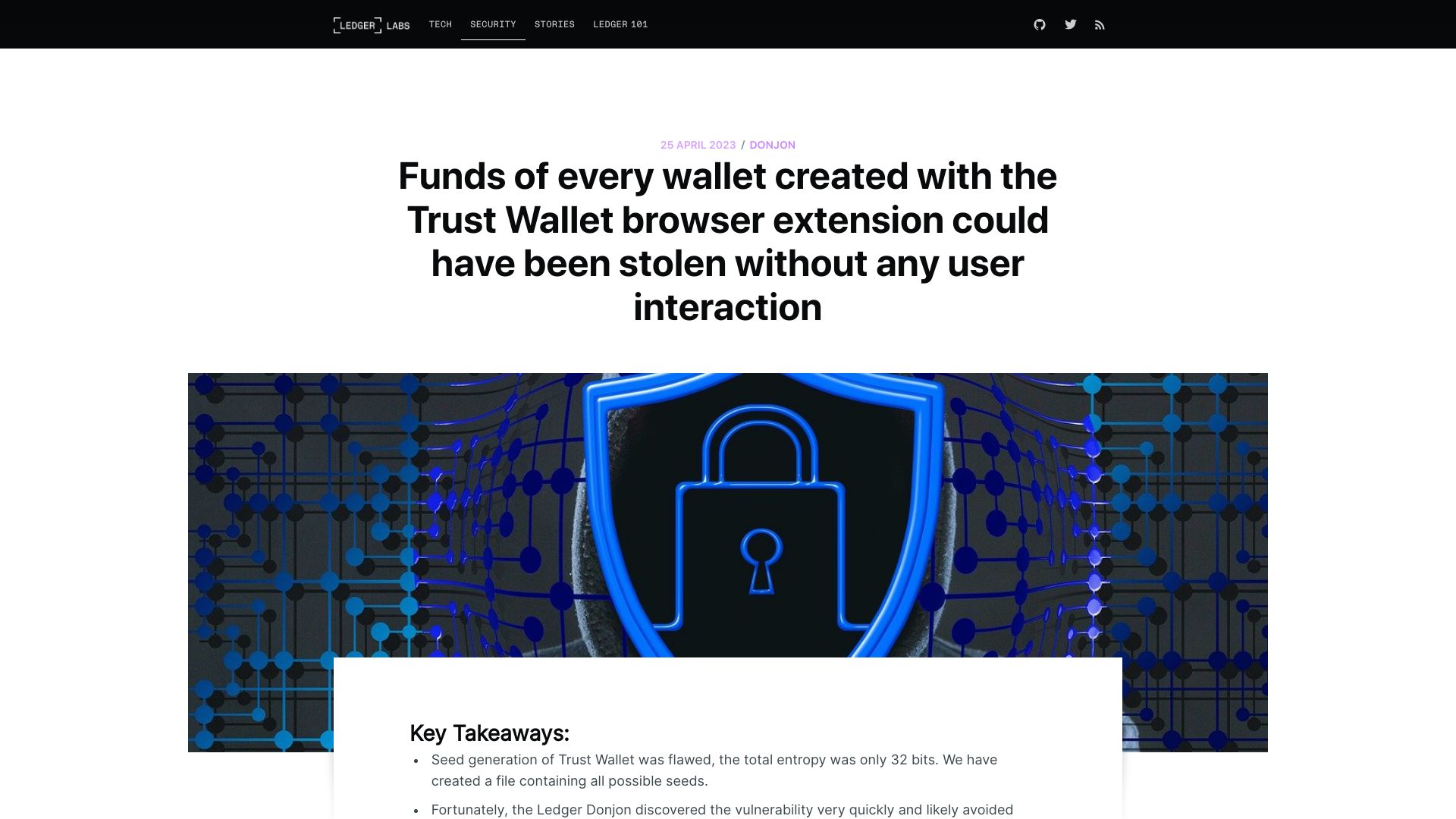 Screenshot of blog.ledger.com: Funds of every Trust Wallet browser extension could have been stolen
