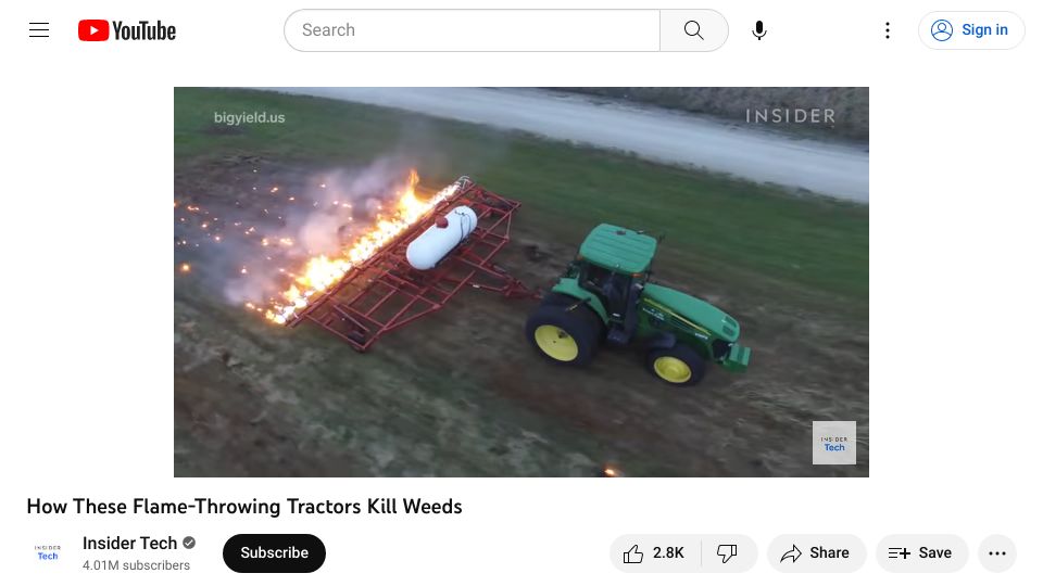 Screenshot of youtube.com: Flame-Throwing Tractors Kill Weeds [video]