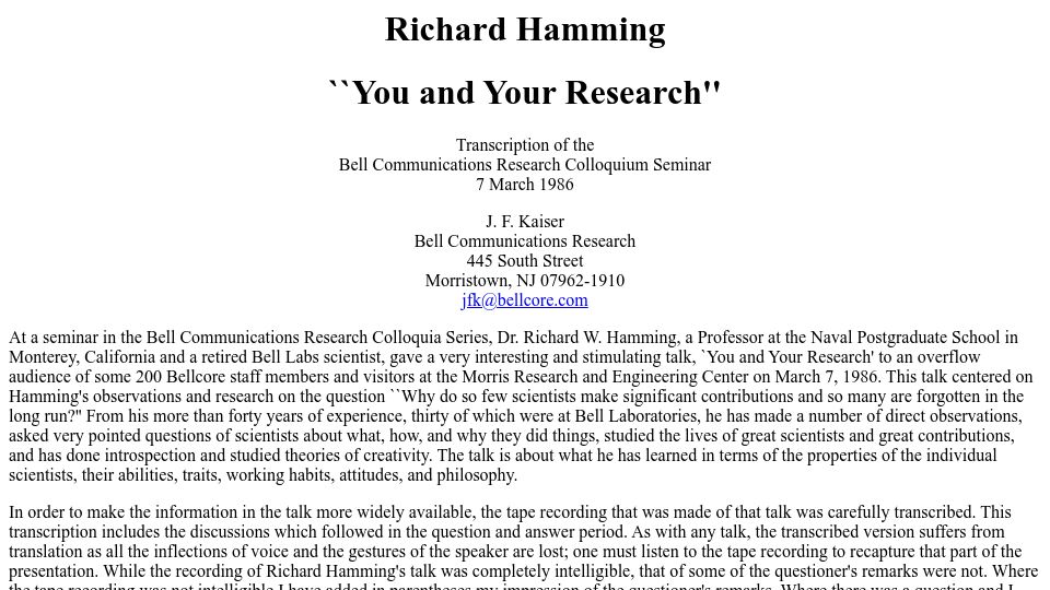 Screenshot of cs.virginia.edu: You and Your Research (1986)