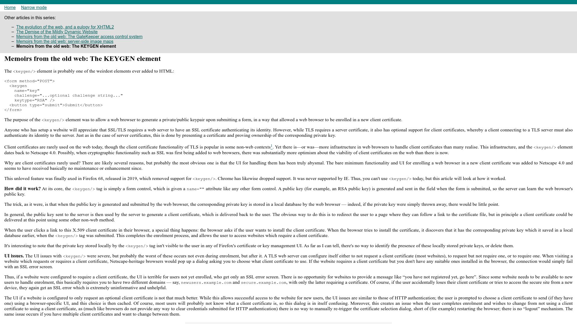 Screenshot of devever.net: Memoirs from the old web: The KEYGEN element