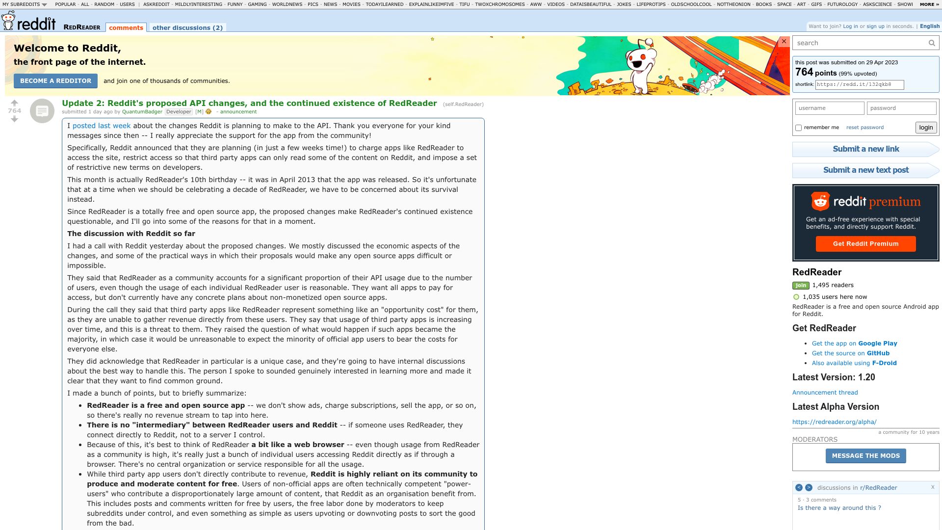 Screenshot of old.reddit.com: Reddit's proposed API changes and the continued existence of RedReader