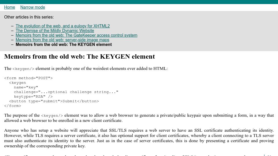 Screenshot of devever.net: Memoirs from the old web: The KEYGEN element