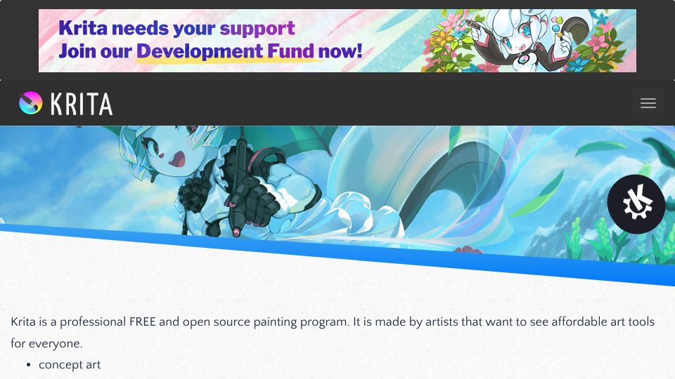 Screenshot of krita.org: Krita: A professional free and open source painting program