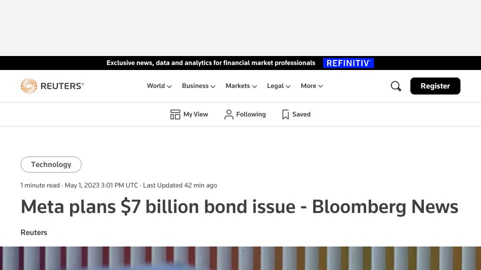 Screenshot of reuters.com: Meta plans $7B bond issue